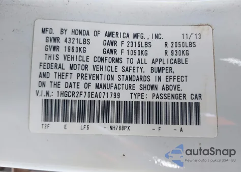 2014 Honda Accord Ex from USA, damaged, VIN 1HGCR2F70EA071799